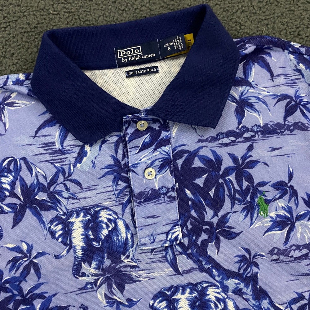 Polo Ralph Lauren Earth Polo Shirt Boys Large 14-16 Blue Elephant Tropical Print